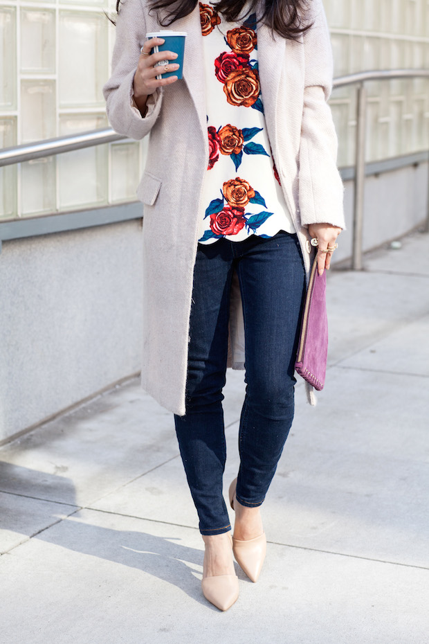 anthropologie, anthropologie floral blouse, botanica floral blouse, long neutral coat, vince d'orsay heels