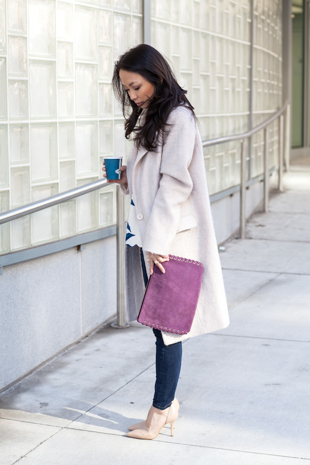 anthropologie, anthropologie floral blouse, botanica floral blouse, long neutral coat, vince d'orsay heels