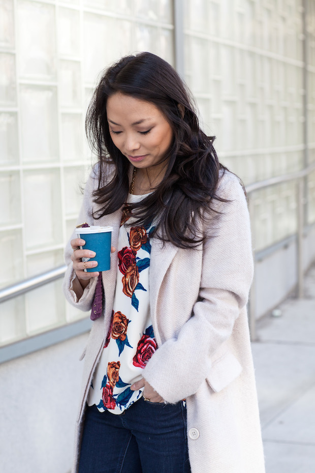 anthropologie, anthropologie floral blouse, botanica floral blouse, long neutral coat, vince d'orsay heels