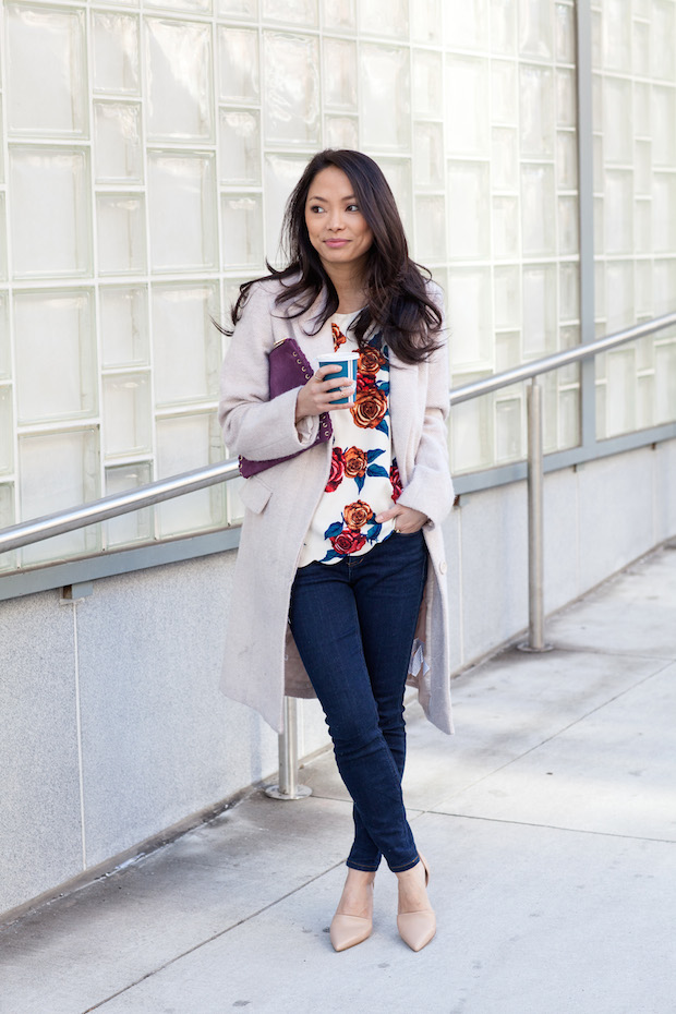 anthropologie, anthropologie floral blouse, botanica floral blouse, long neutral coat, vince d'orsay heels