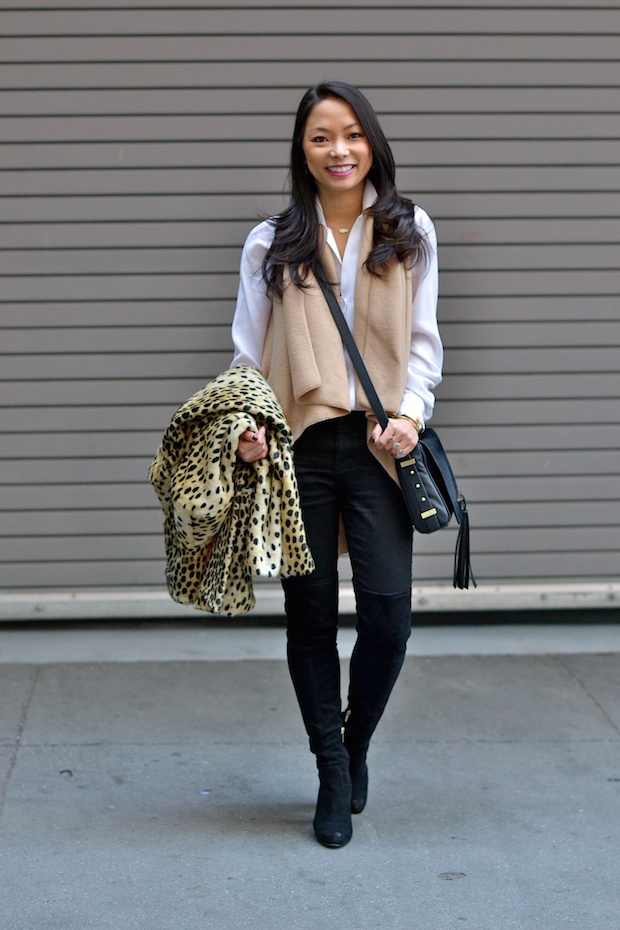 leopard coat, camel and black, camilyn beth, over the knee boots, christine petric, new york bloggers, petite bloggers