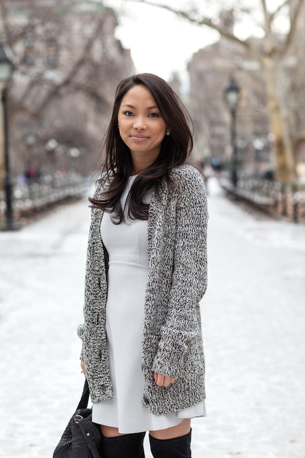 french connection dress, over the knee boots, chinese laundry, slouchy sweater, alexander wang rocco, winter style, christine petric, the view from 5 ft. 2