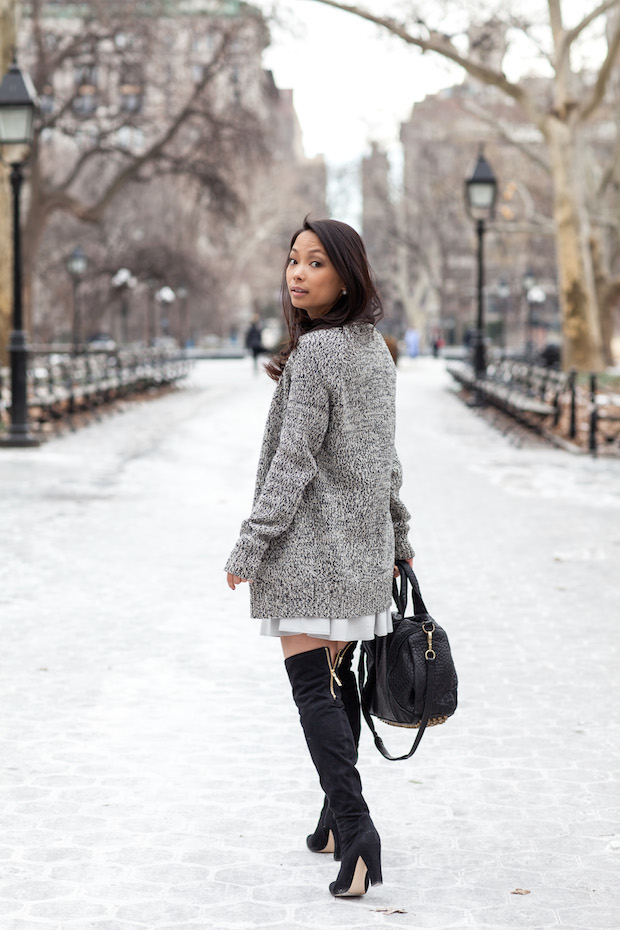 french connection dress, over the knee boots, chinese laundry, slouchy sweater, alexander wang rocco, winter style, christine petric, the view from 5 ft. 2