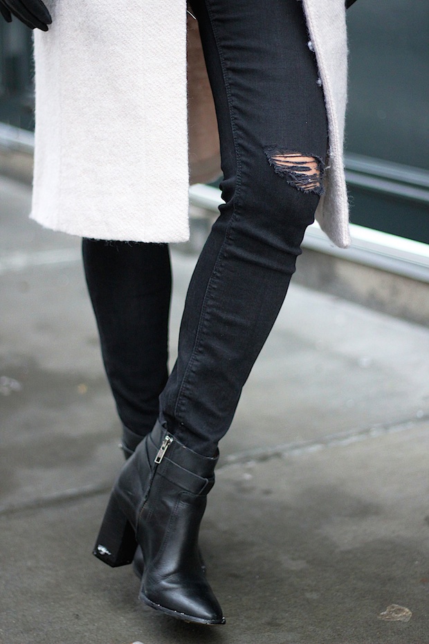 neutral long coat, winter style, winter coat style, black ripped skinny jeans, christine petric,The View From 5 ft. 2, new york bloggers