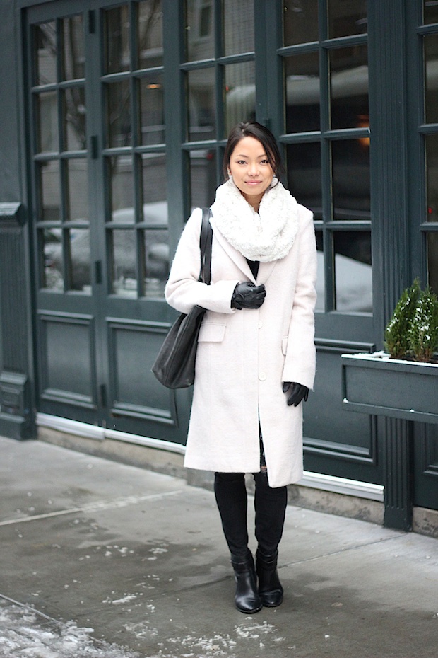 neutral long coat, winter style, winter coat style, black ripped skinny jeans, christine petric,The View From 5 ft. 2, new york bloggers