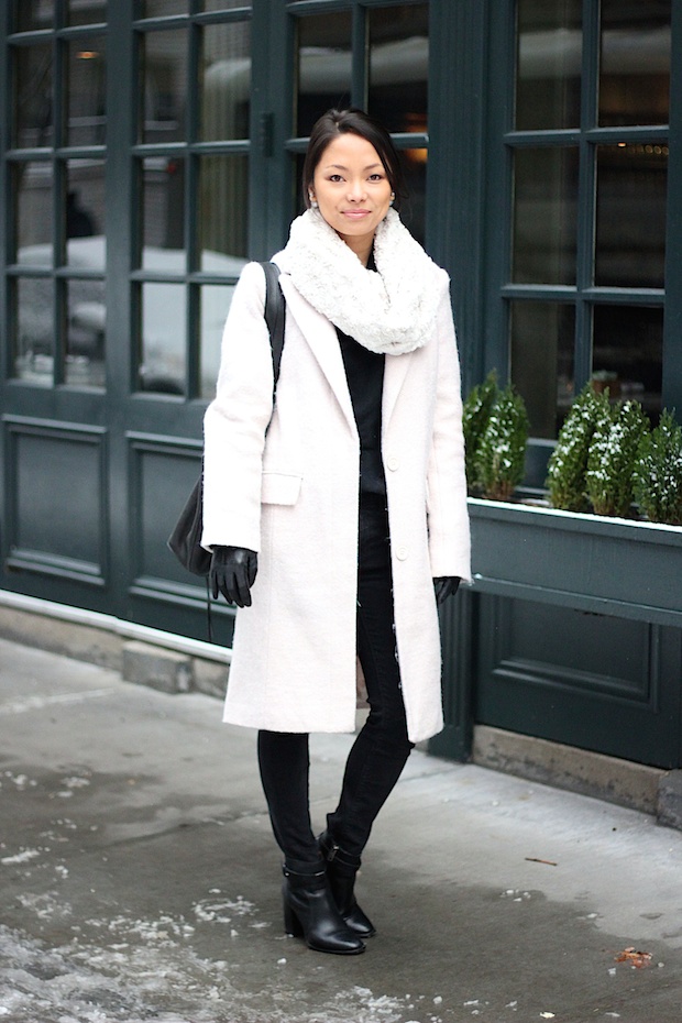 neutral long coat, winter style, winter coat style, black ripped skinny jeans, christine petric,The View From 5 ft. 2, new york bloggers