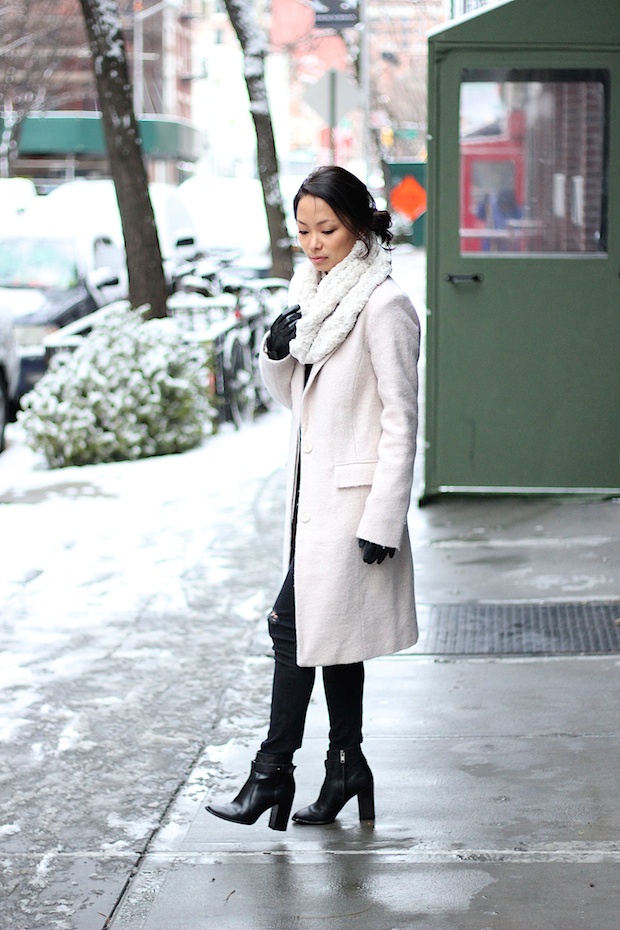 neutral long coat, winter style, winter coat style, black ripped skinny jeans, christine petric,The View From 5 ft. 2, new york bloggers