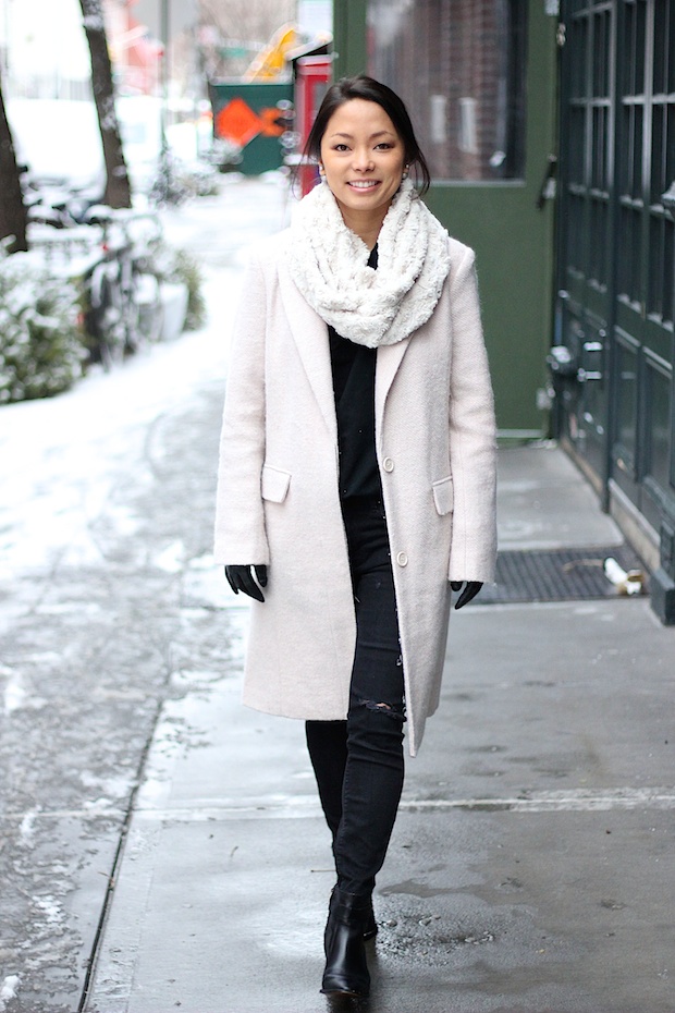 neutral long coat, winter style, winter coat style, black ripped skinny jeans, christine petric,The View From 5 ft. 2, new york bloggers