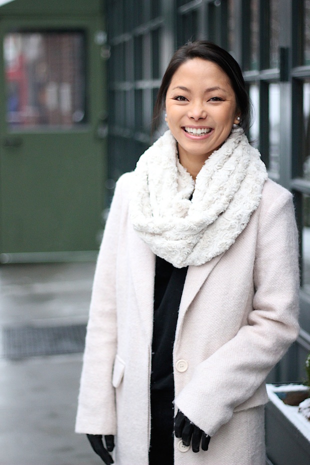 neutral long coat, winter style, winter coat style, black ripped skinny jeans, christine petric,The View From 5 ft. 2, new york bloggers