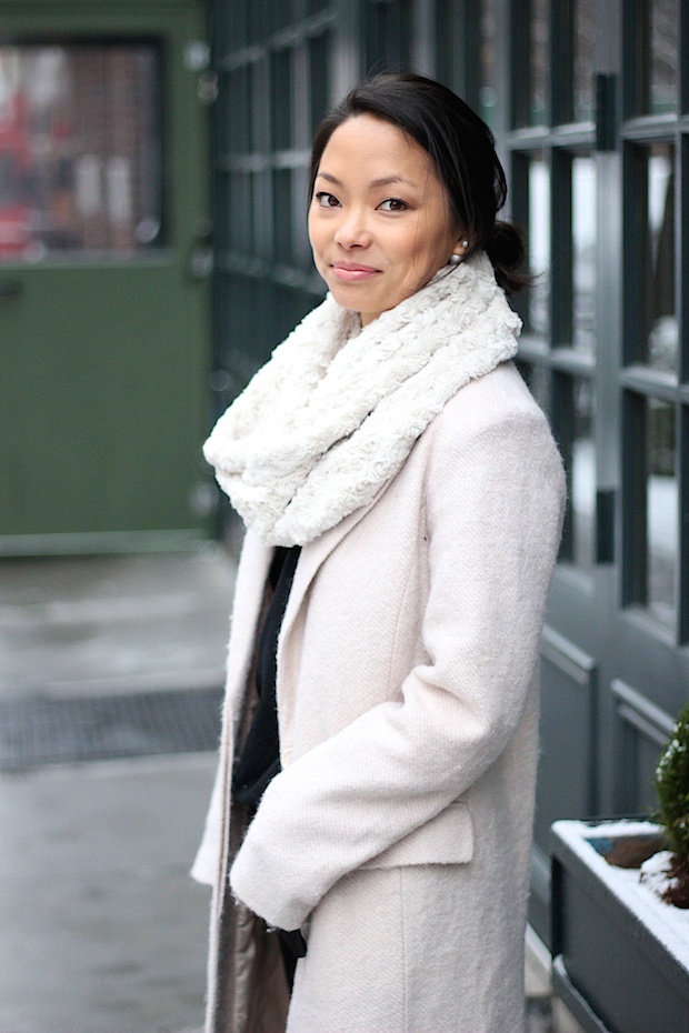 neutral long coat, winter style, winter coat style, black ripped skinny jeans, christine petric,The View From 5 ft. 2, new york bloggers