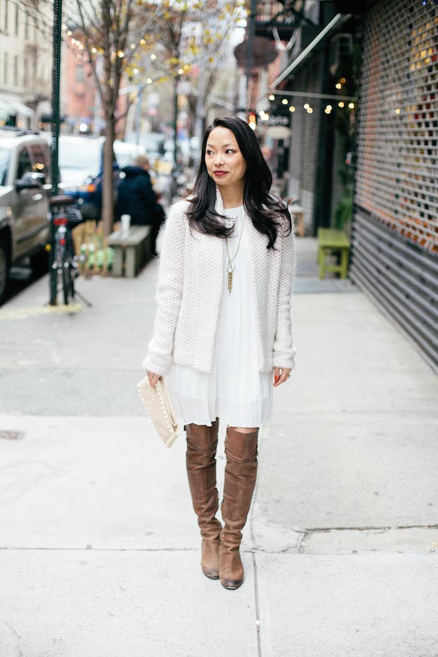 winter white, white dress, reiss sweater, bauble bar necklace, christine petric, the view from 5 ft. 2, fashion bloggers