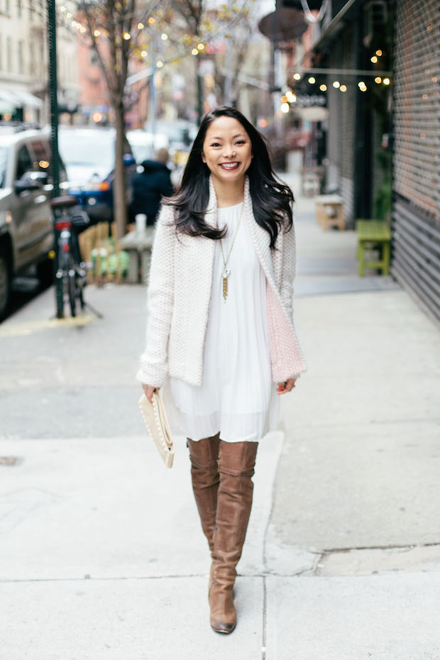 winter white, white dress, reiss sweater, bauble bar necklace, christine petric, the view from 5 ft. 2, fashion bloggers