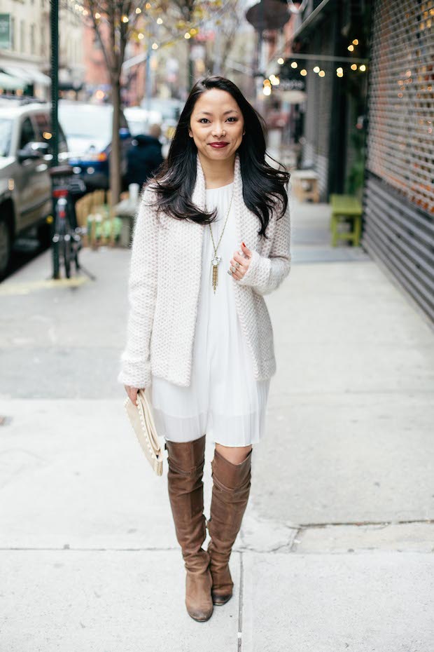 winter white, white dress, reiss sweater, bauble bar necklace, christine petric, the view from 5 ft. 2, fashion bloggers