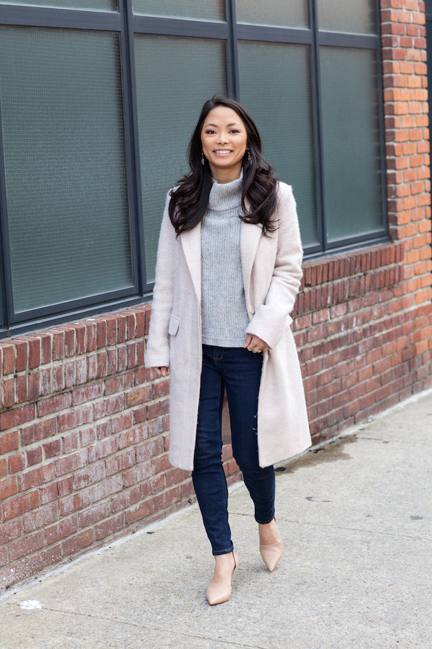 christine petric, the view from 5 ft. 2, gray turtleneck jumper, madewell jeans, french connection, vince d'orsay pumps