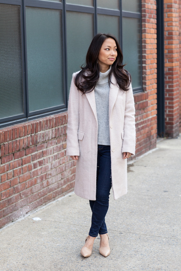 christine petric, the view from 5 ft. 2, gray turtleneck jumper, madewell jeans, french connection, vince d'orsay pumps