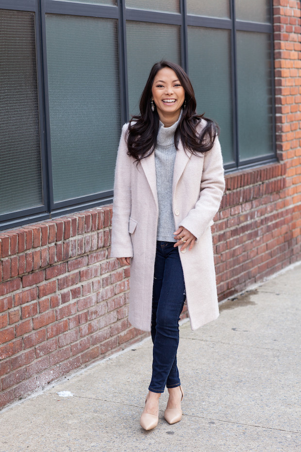 christine petric, the view from 5 ft. 2, gray turtleneck jumper, madewell jeans, french connection, vince d'orsay pumps