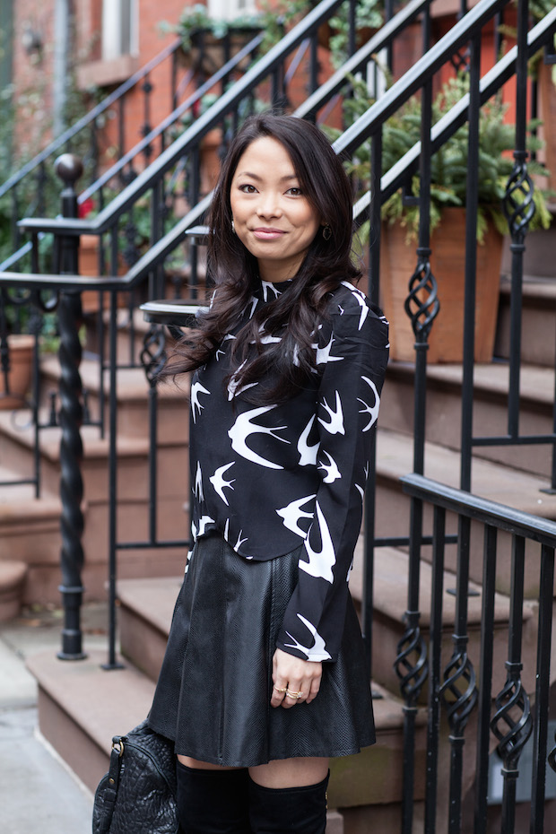 sheinside bird top, skater skirt, over the knee boots, winter style, christine petric, new york bloggers