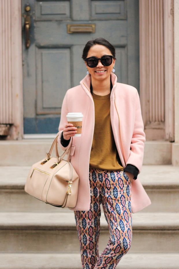 anthropologie joggers, jcrew cocoon coat, pink coat, everlane sweater, christine petric, the view from 5 ft. 2