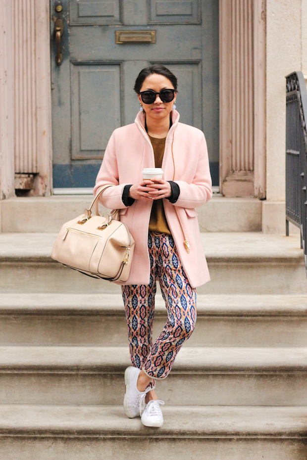 anthropologie joggers, jcrew cocoon coat, pink coat, everlane sweater, christine petric, the view from 5 ft. 2