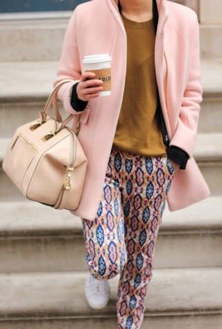 anthropologie joggers, jcrew cocoon coat, pink coat, everlane sweater, christine petric, the view from 5 ft. 2, la colombe