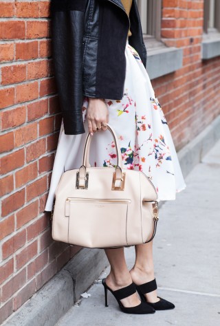 everlane luxe sleeveless sweater, sheinside floral skirt, leather jacket, henri bendel whitney satchel, christine petric, the view from 5 ft. 2