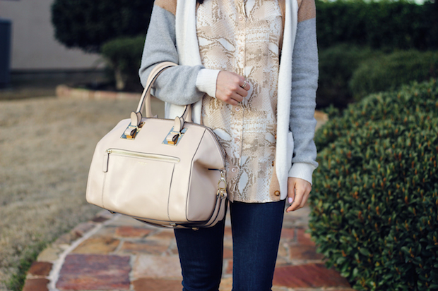 vince camuto snakeskin heels, henri bendel whitney satchel, the view from 5 ft. 2, christine petric, snakeskin equipment blouse