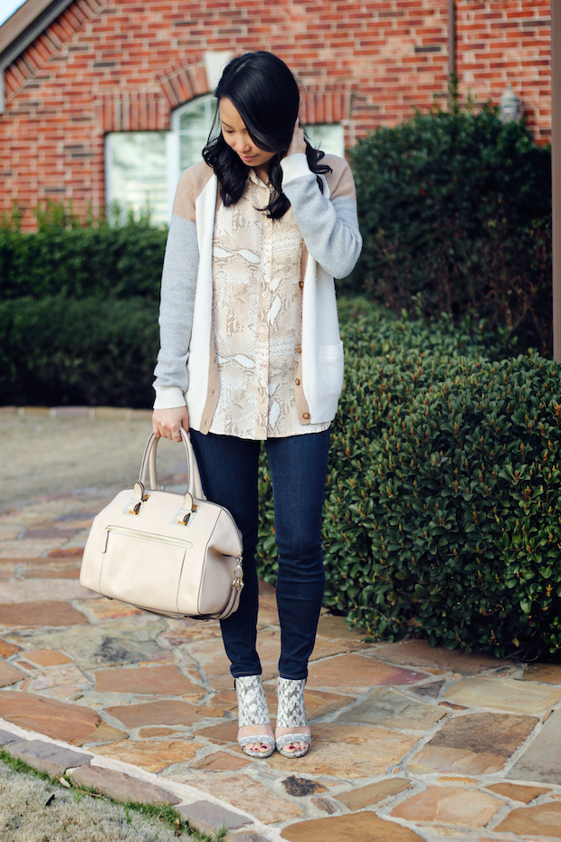 vince camuto snakeskin heels, henri bendel whitney satchel, the view from 5 ft. 2, christine petric, snakeskin equipment blouse