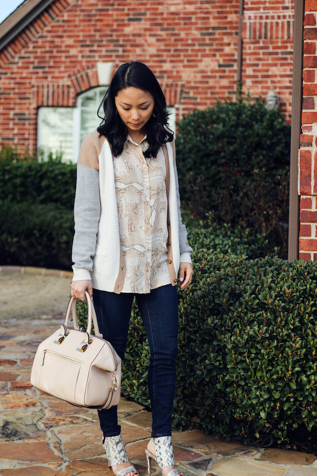 vince camuto snakeskin heels, henri bendel whitney satchel, the view from 5 ft. 2, christine petric, snakeskin equipment blouse