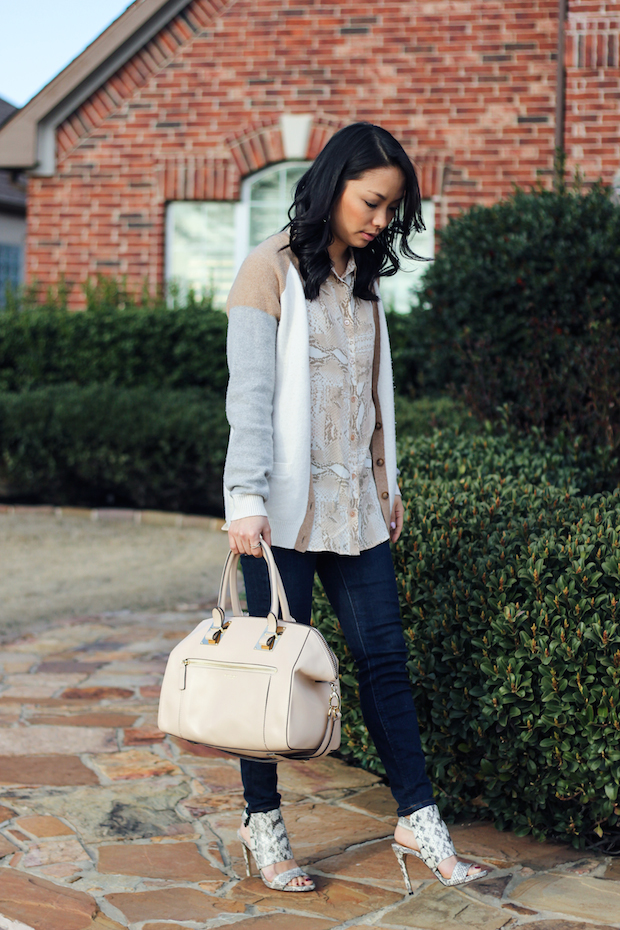 vince camuto snakeskin heels, henri bendel whitney satchel, the view from 5 ft. 2, christine petric, snakeskin equipment blouse