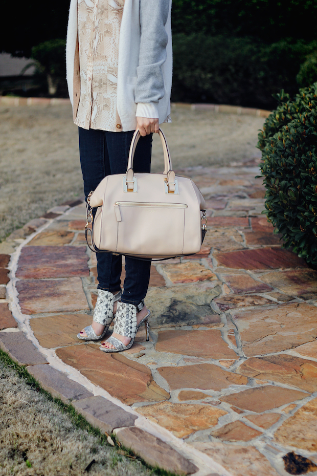 vince camuto snakeskin heels, henri bendel whitney satchel, the view from 5 ft. 2, christine petric, snakeskin equipment blouse