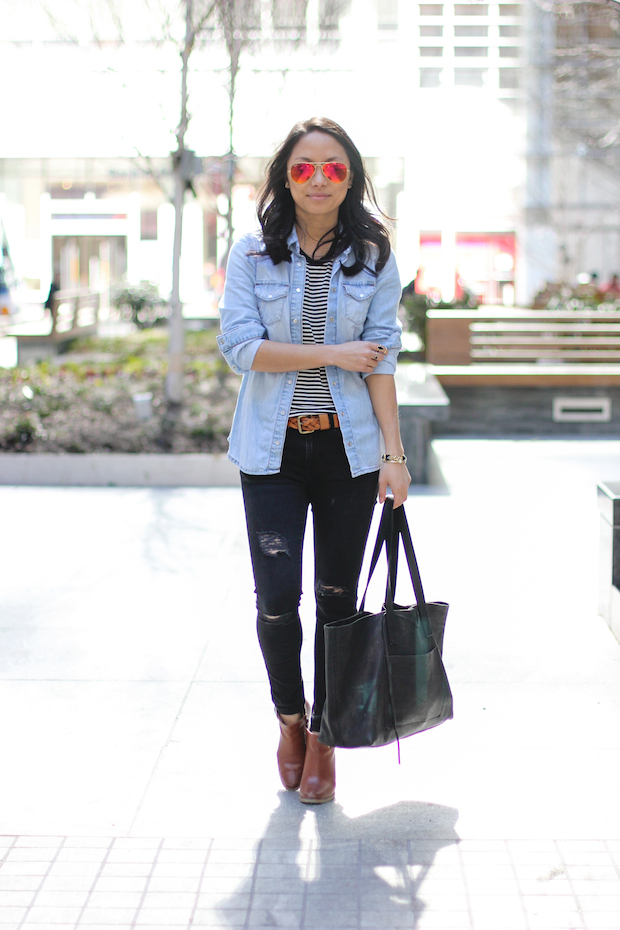 everyday basics, striped tshirt, striped tee, ripped jeans, christine petric, the view from 5 ft. 2, chambray shirt, ray ban aviators