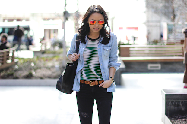 everyday basics, striped tshirt, striped tee, ripped jeans, christine petric, the view from 5 ft. 2, chambray shirt, ray ban aviators