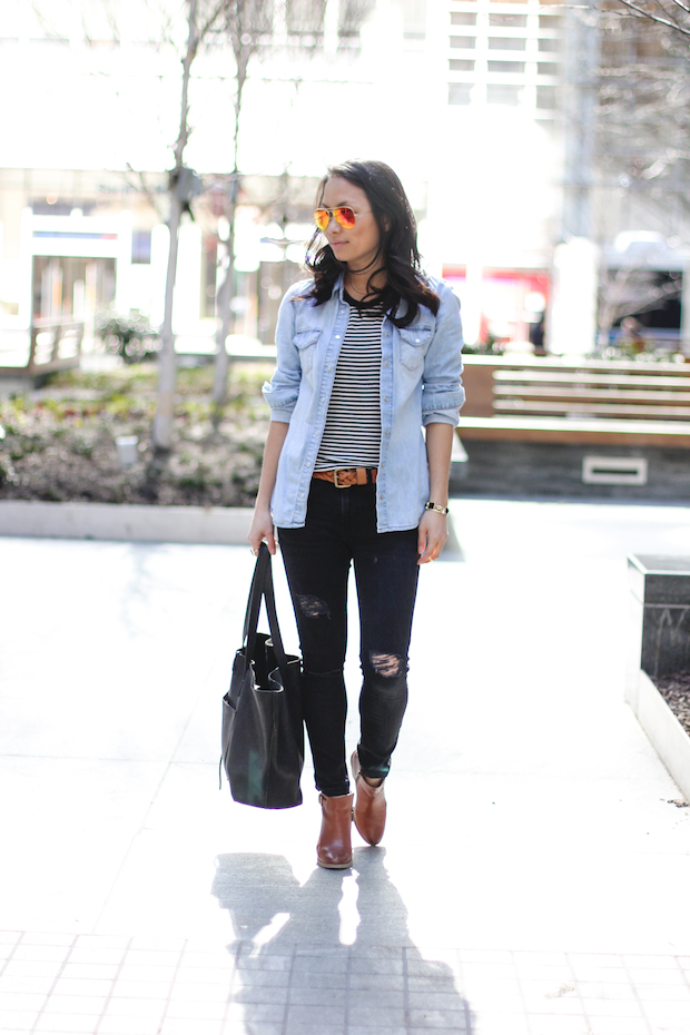 everyday basics, striped tshirt, striped tee, ripped jeans, christine petric, the view from 5 ft. 2, chambray shirt, ray ban aviators