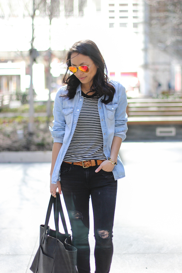 everyday basics, striped tshirt, striped tee, ripped jeans, christine petric, the view from 5 ft. 2, chambray shirt, ray ban aviators