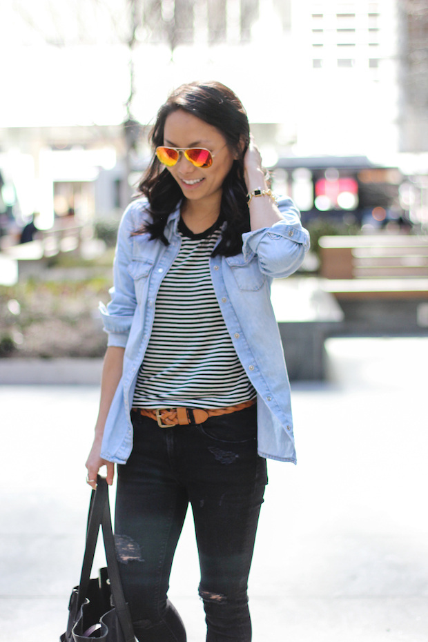 everyday basics, striped tshirt, striped tee, ripped jeans, christine petric, the view from 5 ft. 2, chambray shirt, ray ban aviators