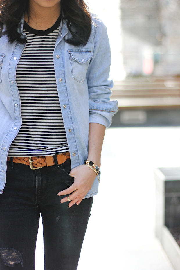 everyday basics, striped tshirt, striped tee, ripped jeans, christine petric, the view from 5 ft. 2, chambray shirt, ray ban aviators