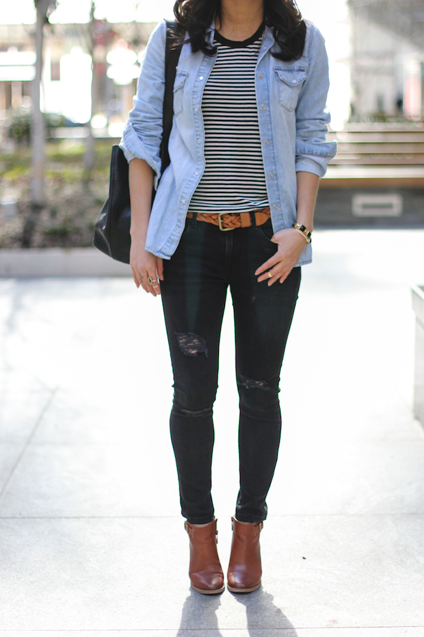 everyday basics, striped tshirt, striped tee, ripped jeans, christine petric, the view from 5 ft. 2, chambray shirt, ray ban aviators