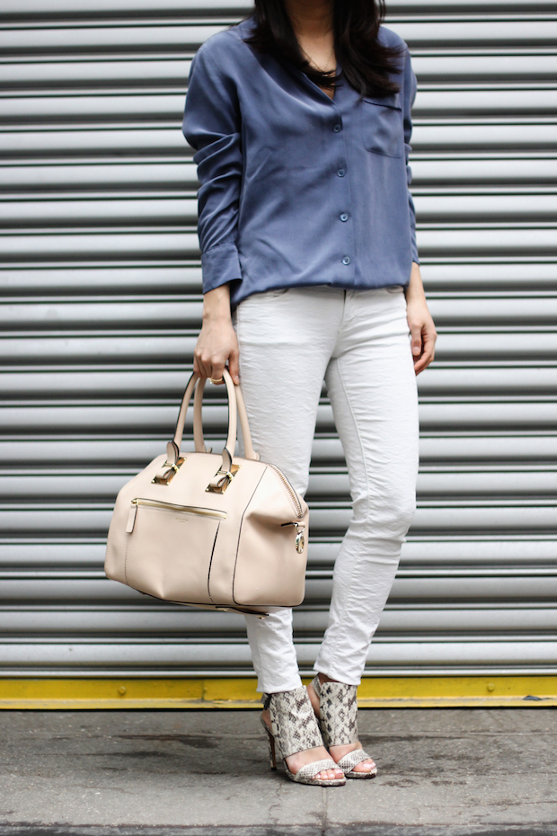 vince camuto fandy, snakeskin heels, equipment blouse, trenchcoat style, white jeans, christine petric, the view from 5 ft. 2