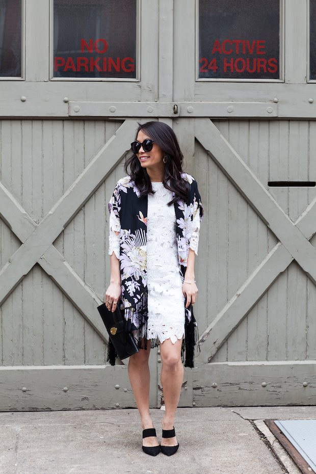 white lace dress, piperlime, kimono, topshop, fringe, christine petric, the view from 5 ft. 2