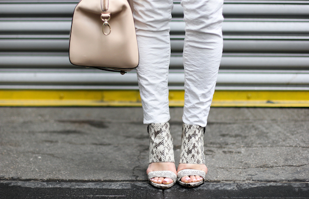 vince camuto fandy, snakeskin heels, equipment blouse, trenchcoat style, white jeans, christine petric, the view from 5 ft. 2