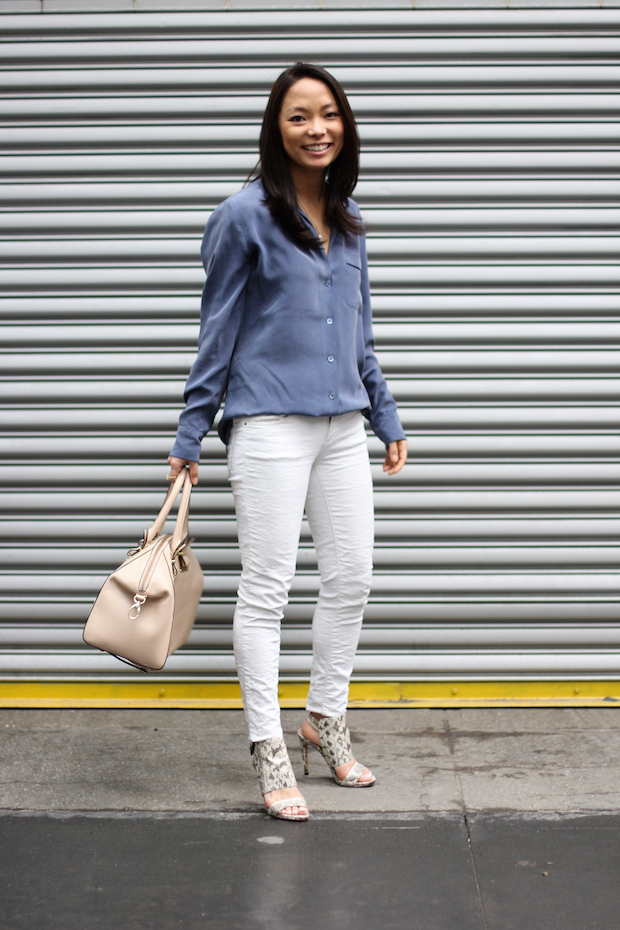 vince camuto fandy, snakeskin heels, equipment blouse, trenchcoat style, white jeans, christine petric, the view from 5 ft. 2