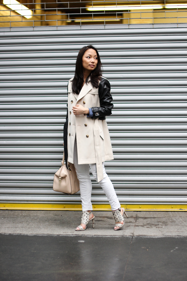 vince camuto fandy, snakeskin heels, equipment blouse, trenchcoat style, white jeans, christine petric, the view from 5 ft. 2