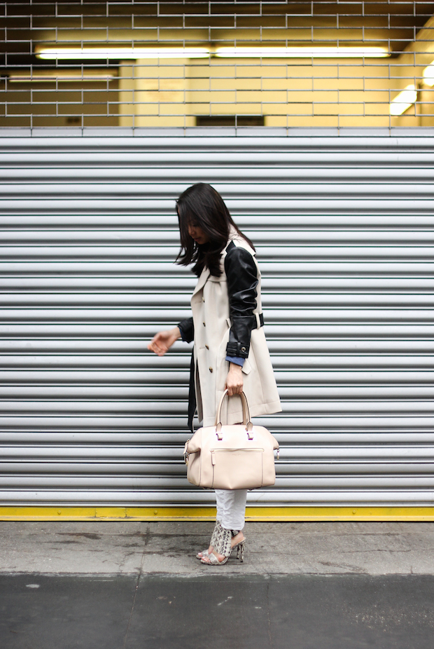 vince camuto fandy, snakeskin heels, equipment blouse, trenchcoat style, white jeans, christine petric, the view from 5 ft. 2