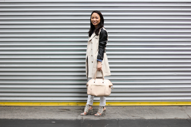 vince camuto fandy, snakeskin heels, equipment blouse, trenchcoat style, white jeans, christine petric, the view from 5 ft. 2