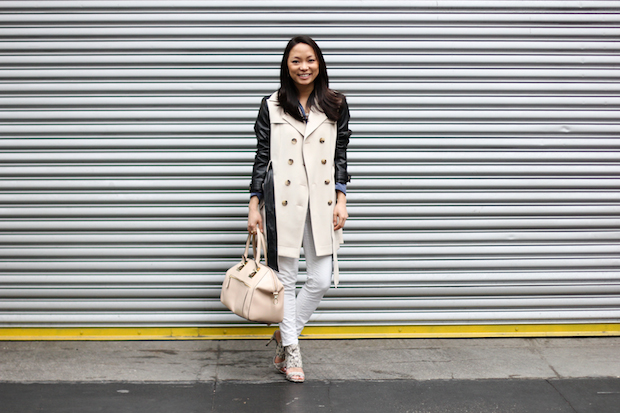 vince camuto fandy, snakeskin heels, equipment blouse, trenchcoat style, white jeans, christine petric, the view from 5 ft. 2