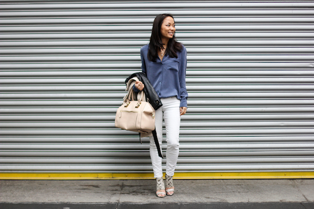 vince camuto fandy, snakeskin heels, equipment blouse, trenchcoat style, white jeans, christine petric, the view from 5 ft. 2