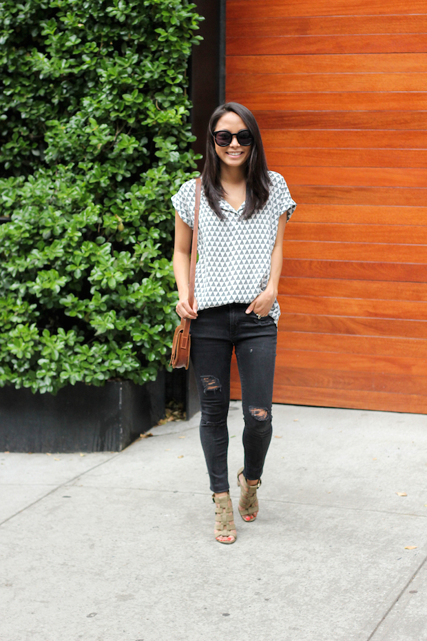 pleione blouse, pleione split neck top, black ripped skinny jeans, christine petric, the view from 5 ft. 2, nordstrom tops