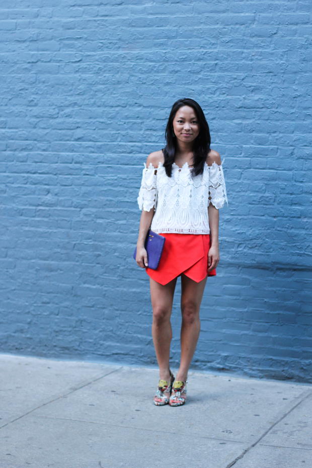 off the shoulder, white blouse, lace, skort, proenza schouler, gigi new york clutch, christine petric, the view from 5 ft. 2