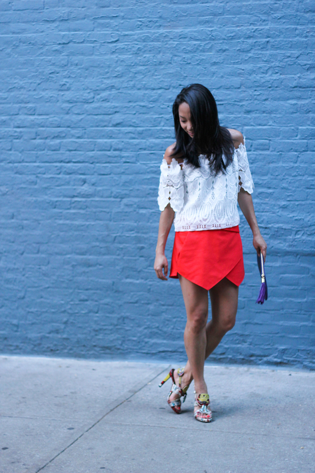 off the shoulder, white blouse, lace, skort, proenza schouler, gigi new york clutch, christine petric, the view from 5 ft. 2