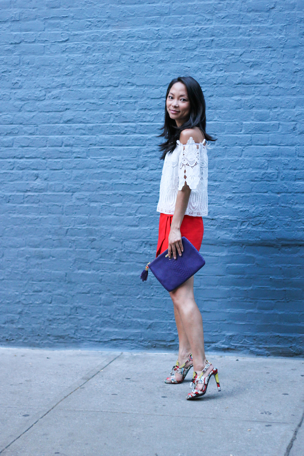 off the shoulder, white blouse, lace, skort, proenza schouler, gigi new york clutch, christine petric, the view from 5 ft. 2